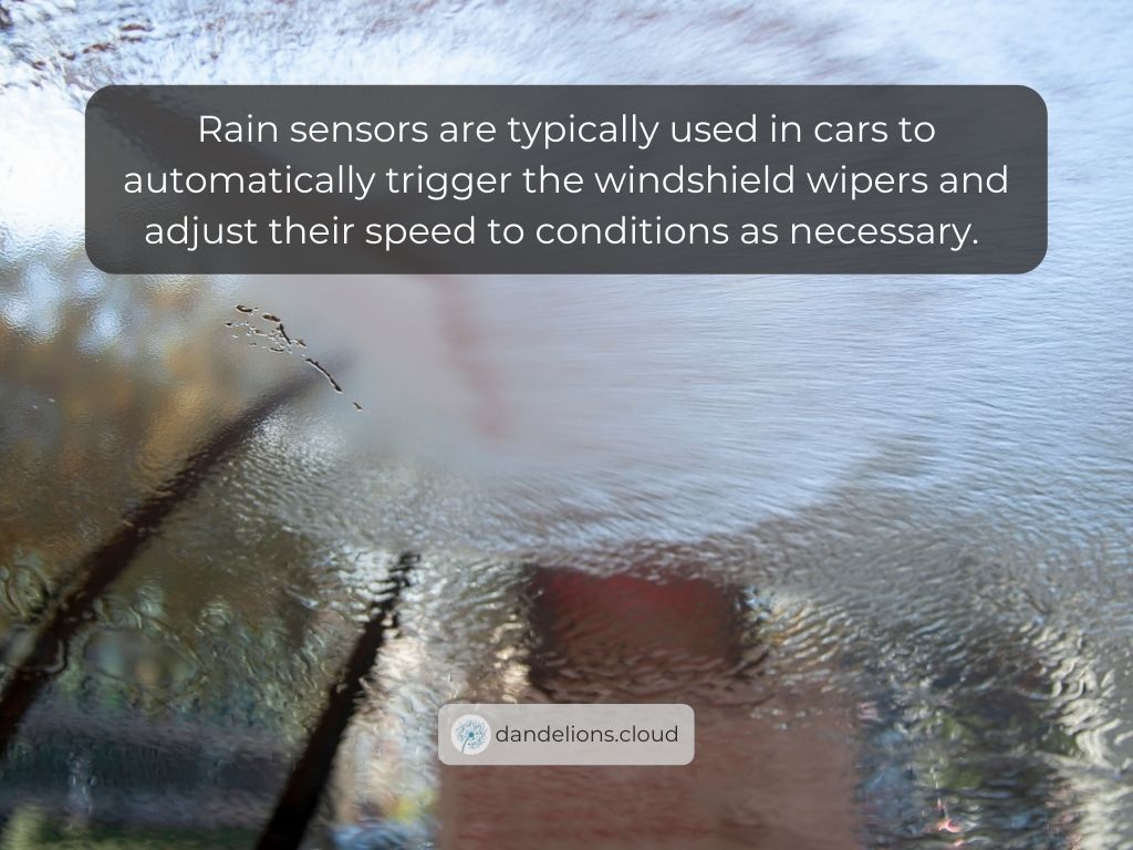 Rain sensors are typically used in cars to automatically trigger the windshield wipers and adjust their speed to conditions as necessary. 