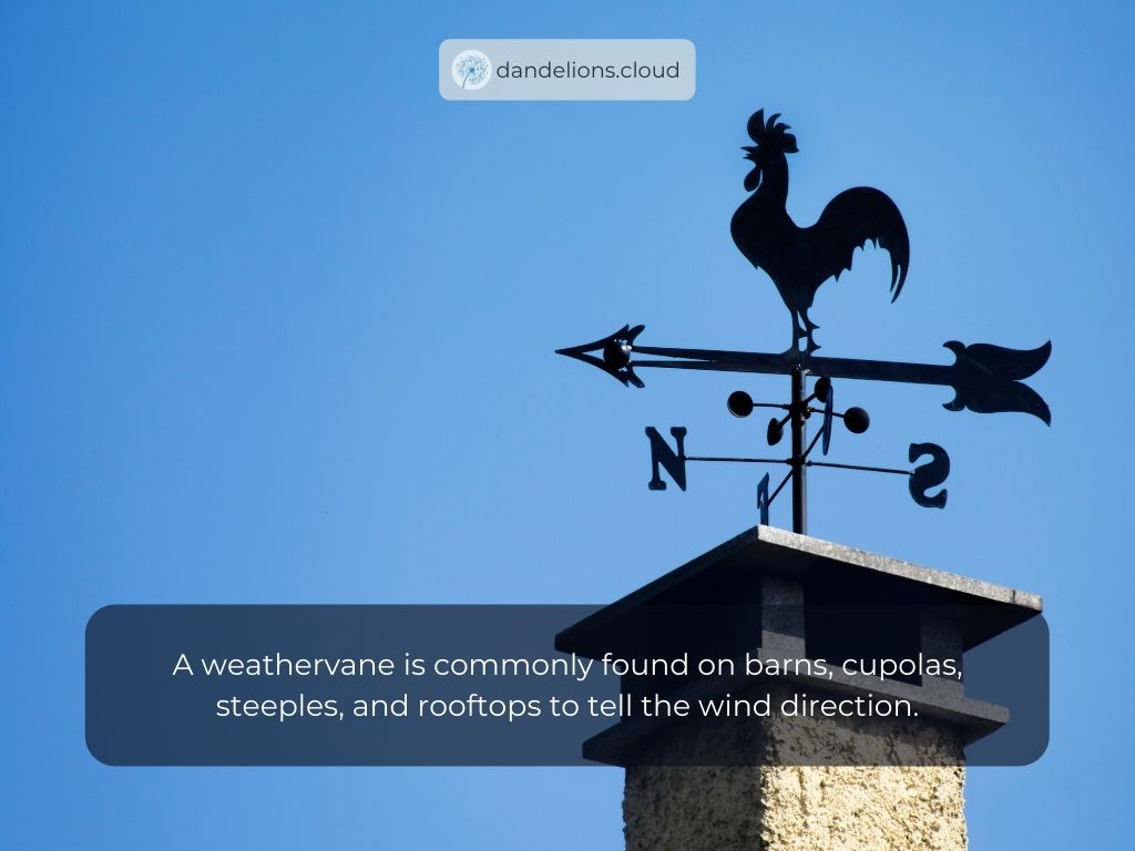 A weathervane is commonly found on barns, cupolas, steeples, and rooftops to tell the wind direction.