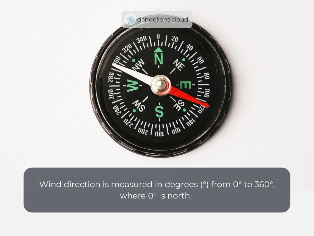 Wind direction is measured in degrees (°) from 0° to 360°, where 0° is north. 