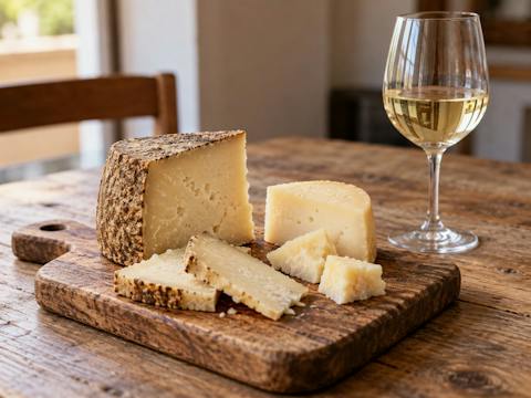 A glass of Vermentino alongside pieces of Sardinian cheese on a wooden serving board