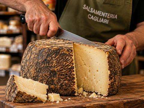 An aged Sardinian cheese being cut on a wooden board in a cheese shop in Cagliari