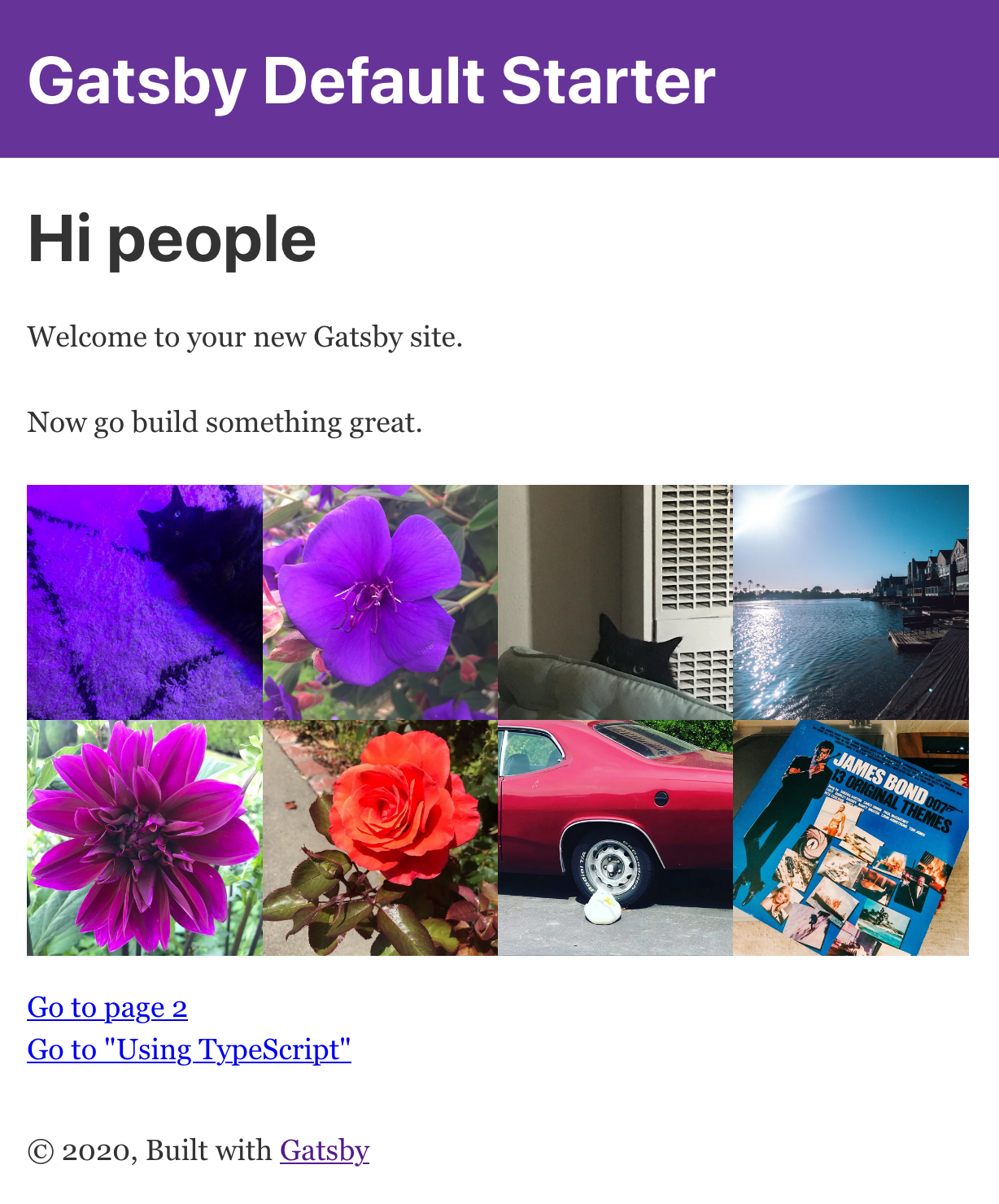 Gatsby test site's front page with grid of 8 Instagram photos towards the bottom