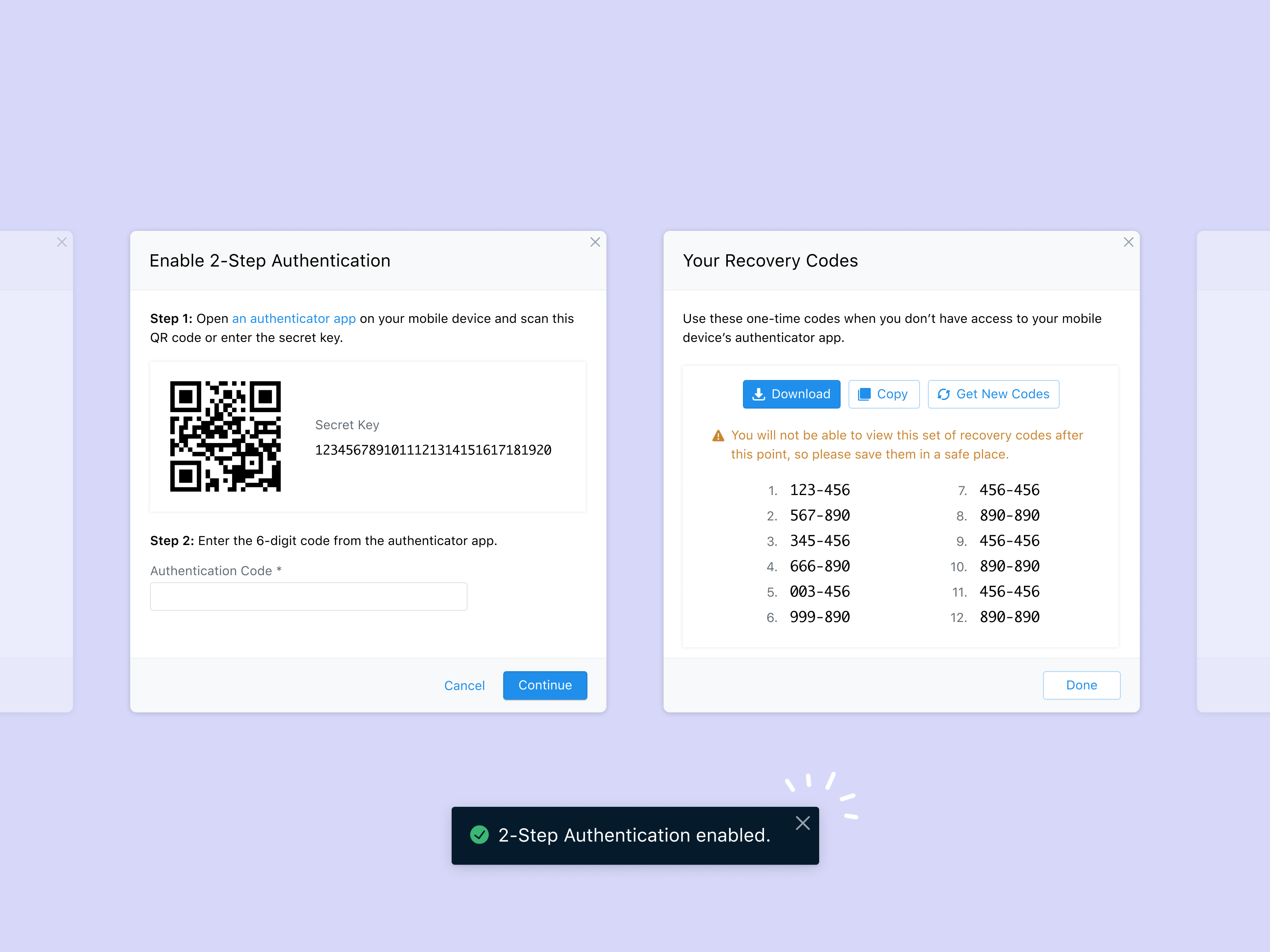 Two setup modals for OneSignal two-factor authentication