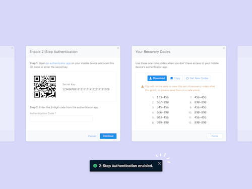 Two setup modals for OneSignal two-factor authentication