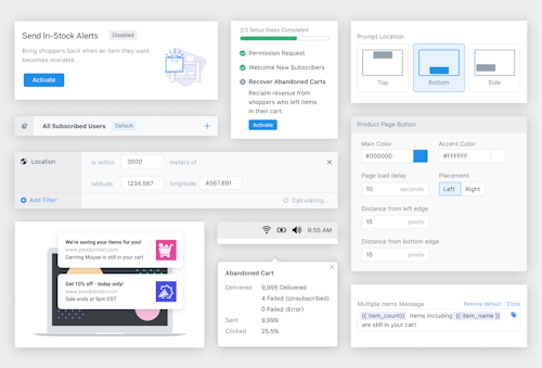 Artboard showing 10 UI components pulled from OneSignal for Shopify's app dashboard