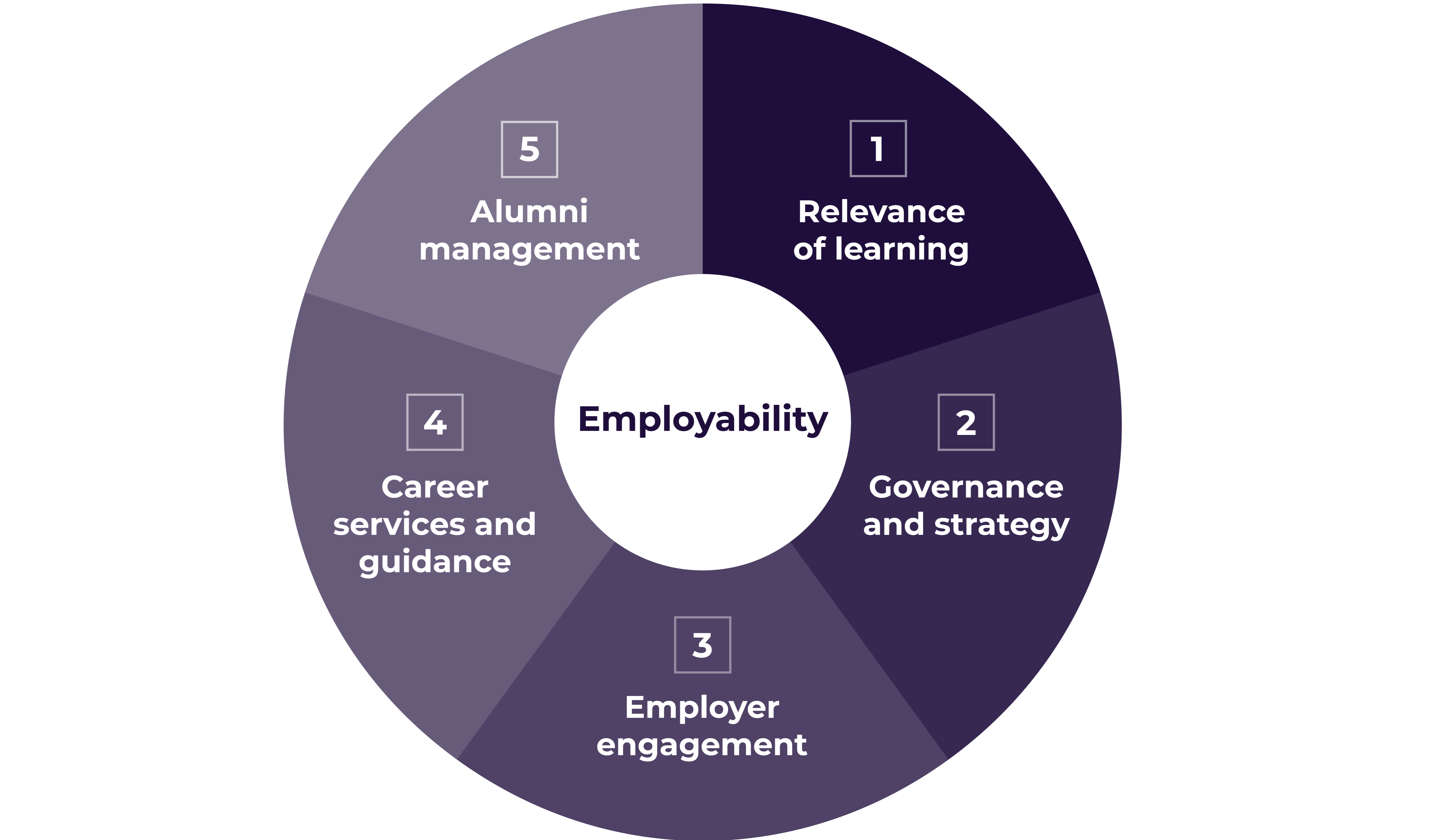 The 360° Assessment examines institutional processes, performance, and outcomes through the five dimensions of employability. 