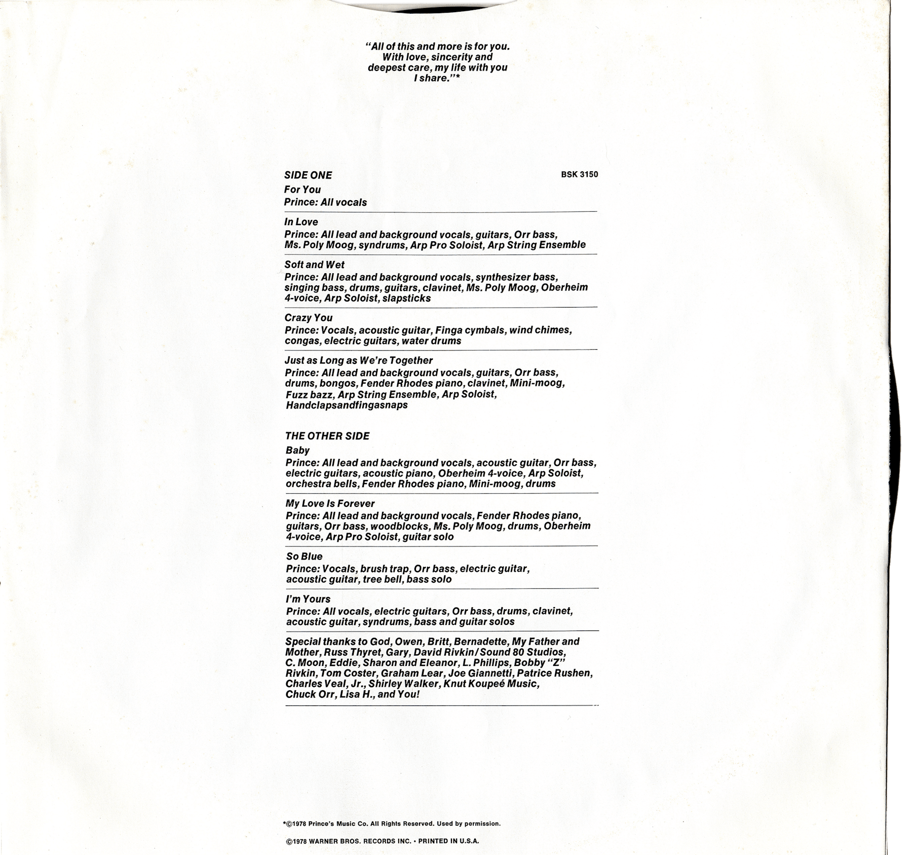 <i>For You</i> inner sleeve with credits, showing Prince’s mastery of instruments at such a young age.