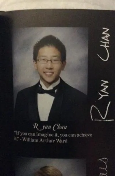 picture of ryan chan's senior yearbook photo and quote