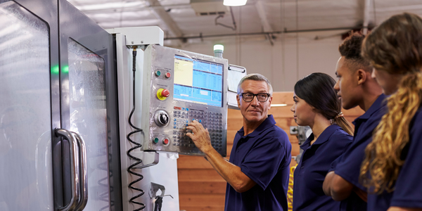 engineer showing apprentice how to use machine
