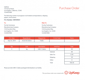 Example of a purchase order made in UpKeep