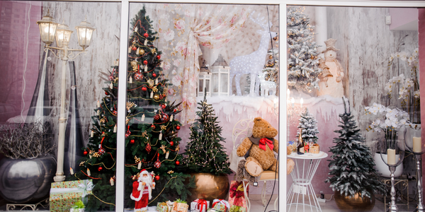 Storefront decorated for holidays