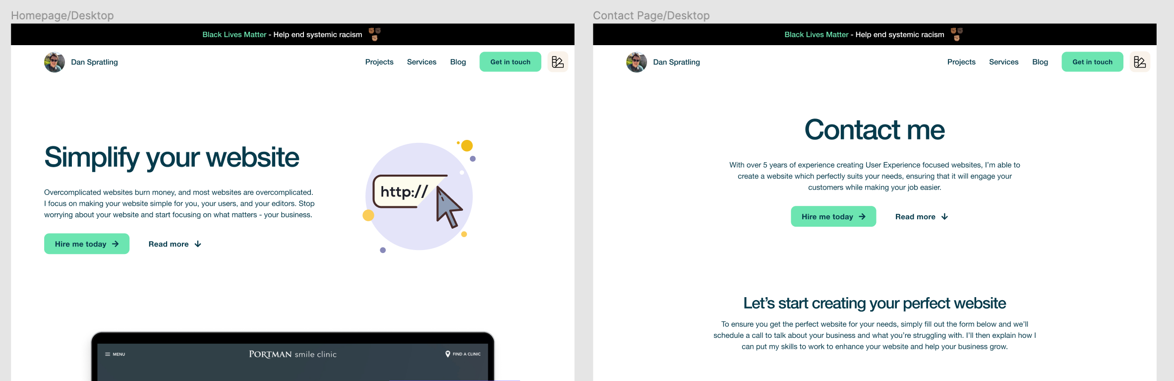 The Hero component on the homepage design (left) has been changed but because it's not created as a component in the design system, the contact page design (right) hasn't updated automatically - they are not out of sync