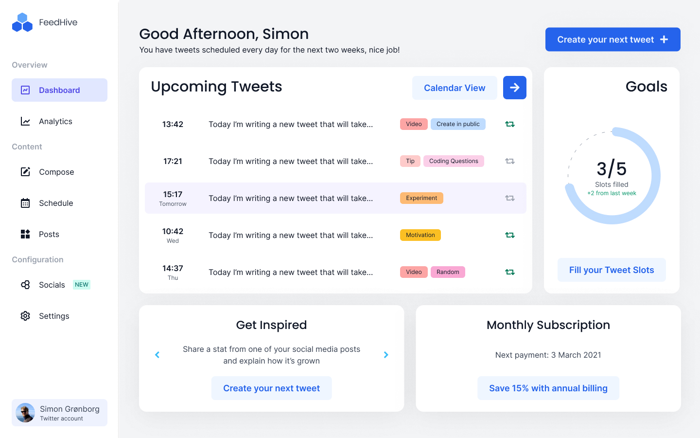 The new dashboard design created to help implement strong fundamentals for FeedHive's application
