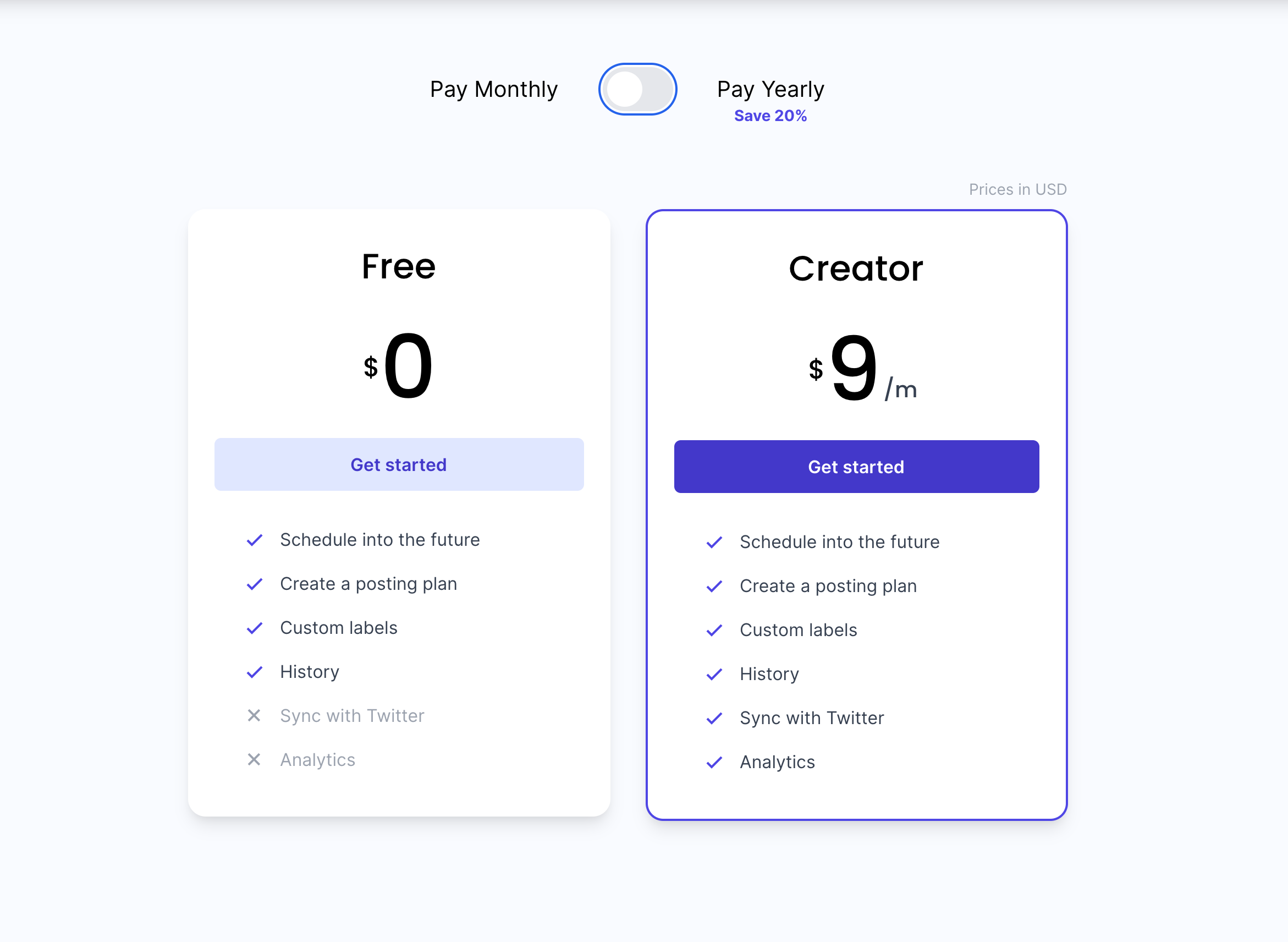 The new pricing page for FeedHive with the Free and Creator tiers with the updated pricing models