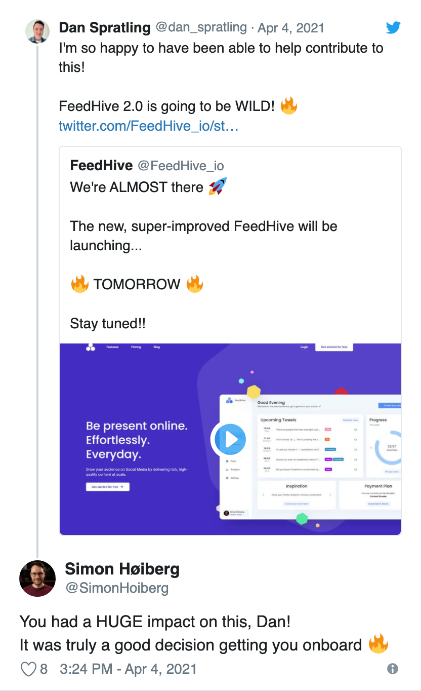 Simon, the founder of FeedHive, publicly appreciating my work on the project