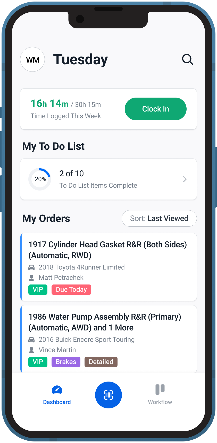 Screenshot of the Dashboard on the Shopmonkey for Techs App
