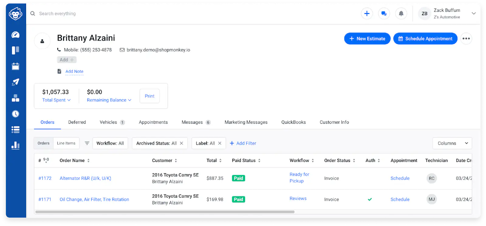 Quickly reference past service history on the customer's profile