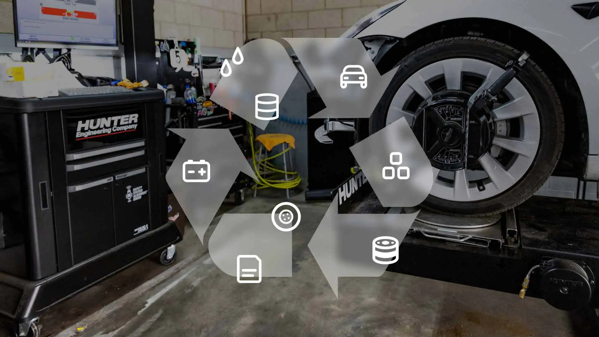 A recycling symbol over the photo of a car on a lift in a shop.