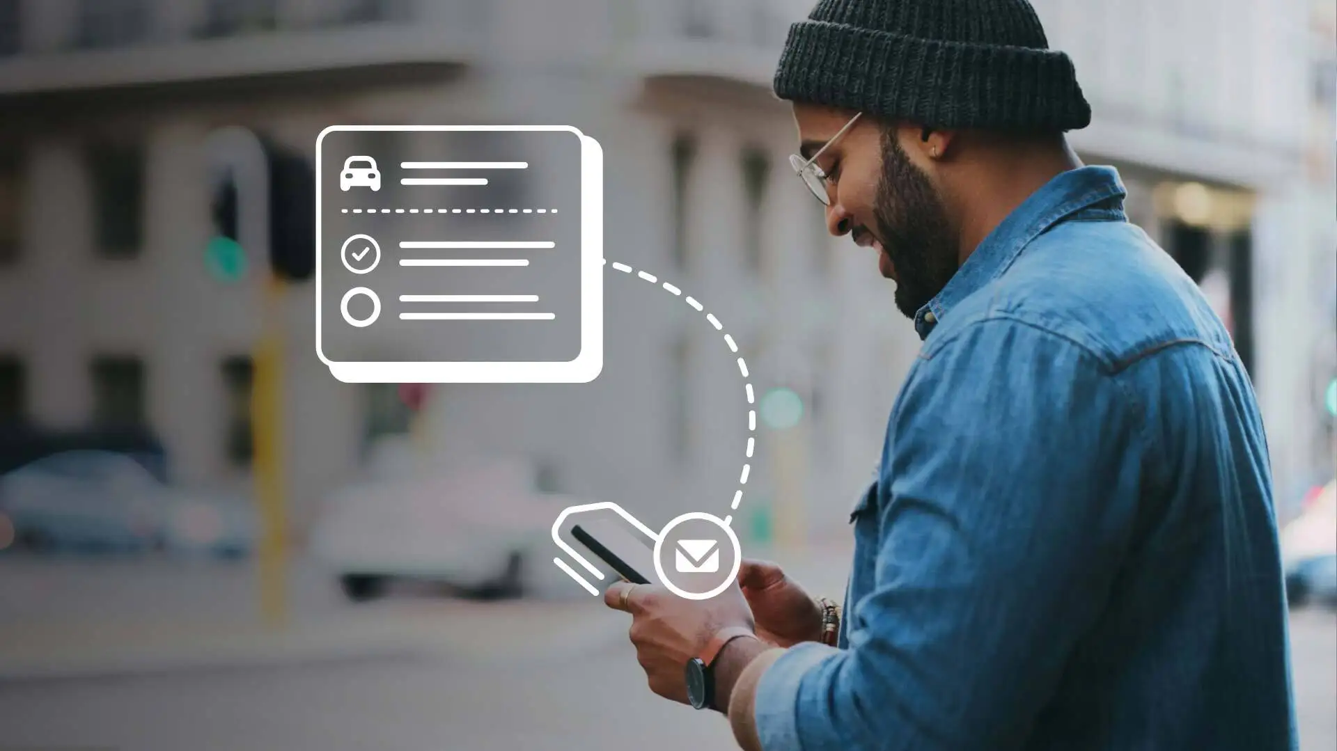 a man with a black beanie and blue button down checking his phone, which a white graphic showing a stylized work order.