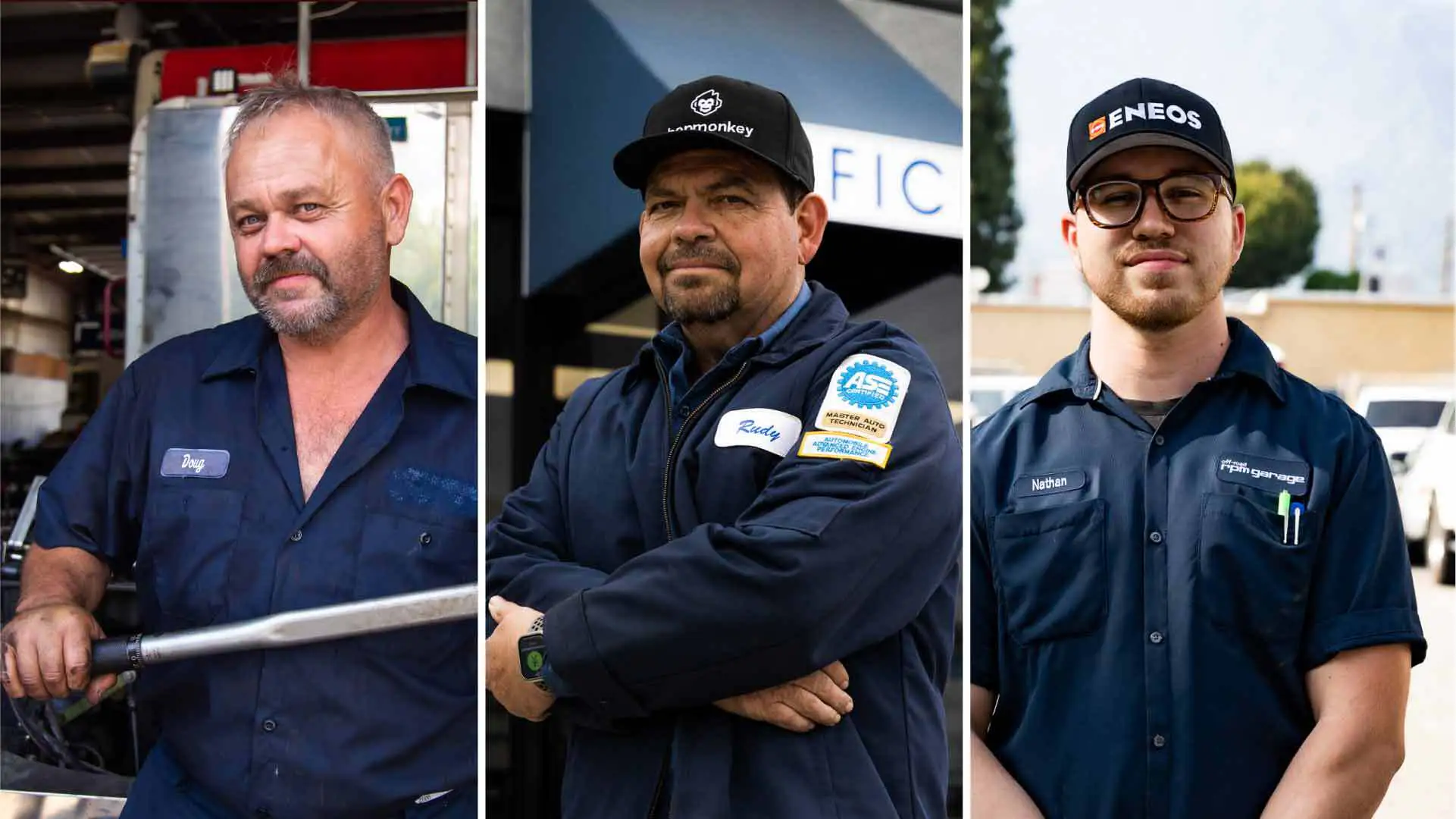 Three mechanics standing in three side by side frames.