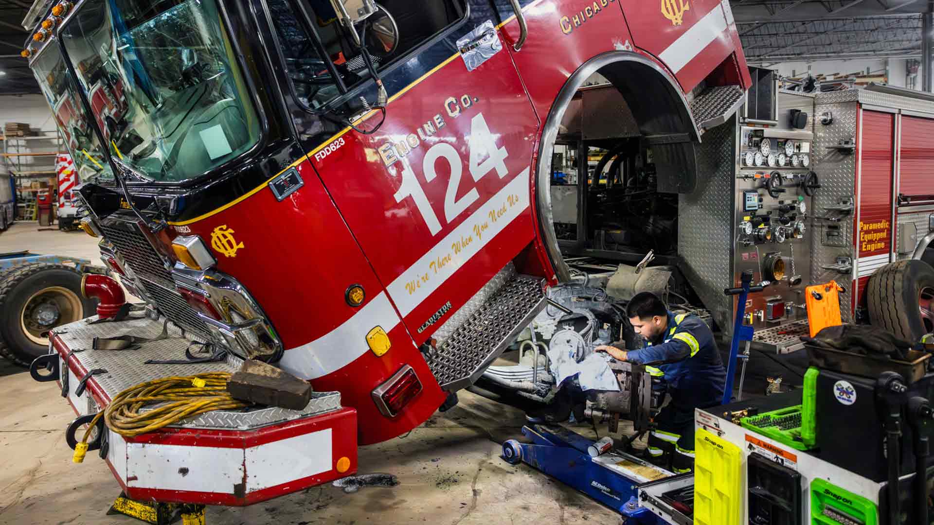 fire truck getting worked on in heavy duty shop