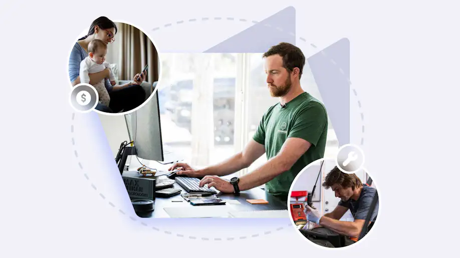 An auto service writer creating an invoice on a computer.