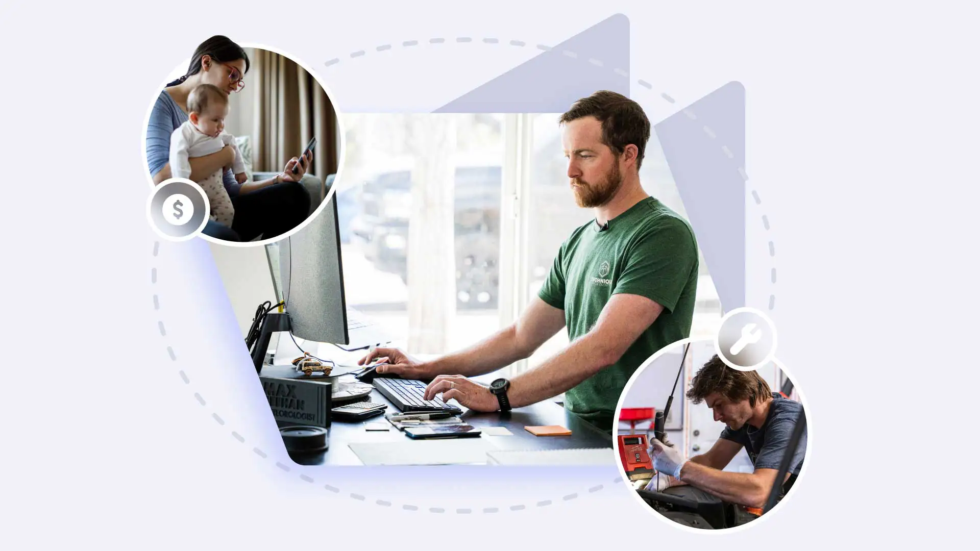 An auto service writer creating an invoice on a computer.