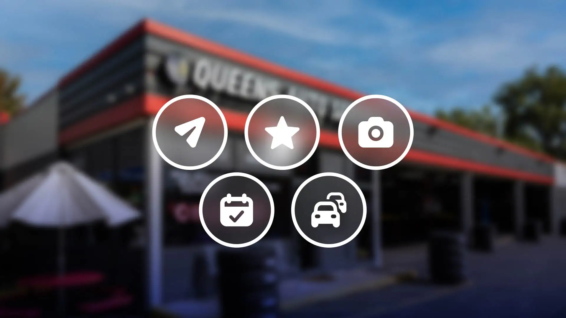 An auto repair shop behind 5 icons representing components of a complete marketing strategy.