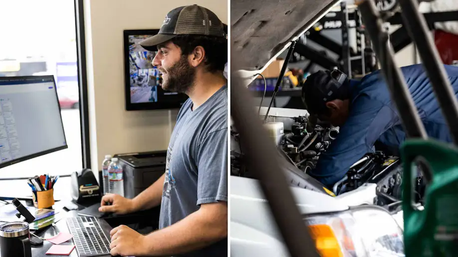 An auto shop service writer beside an auto technician.