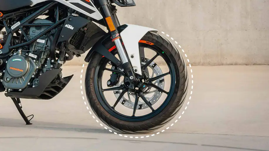 The front wheel of a motorcycle.