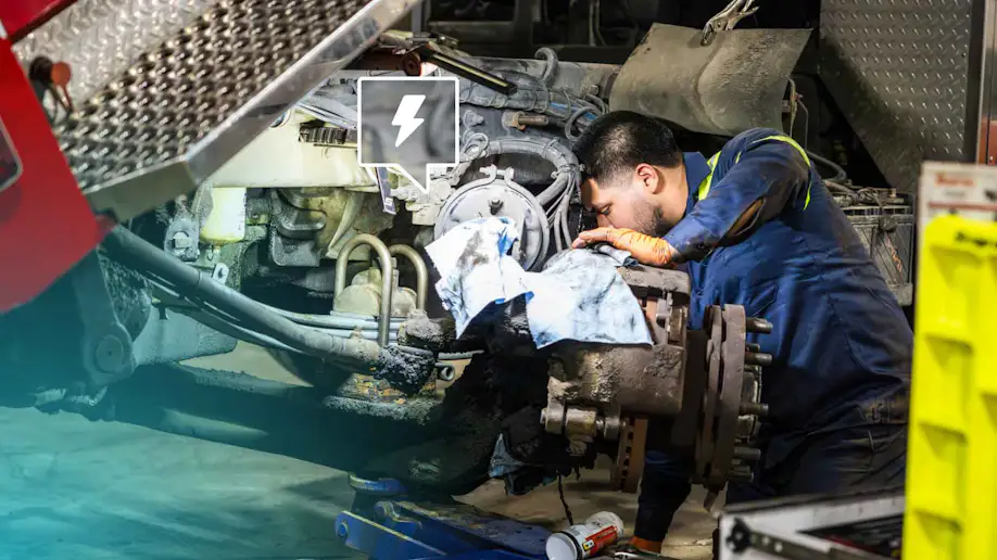 A diesel repair technician working on a truck engine.