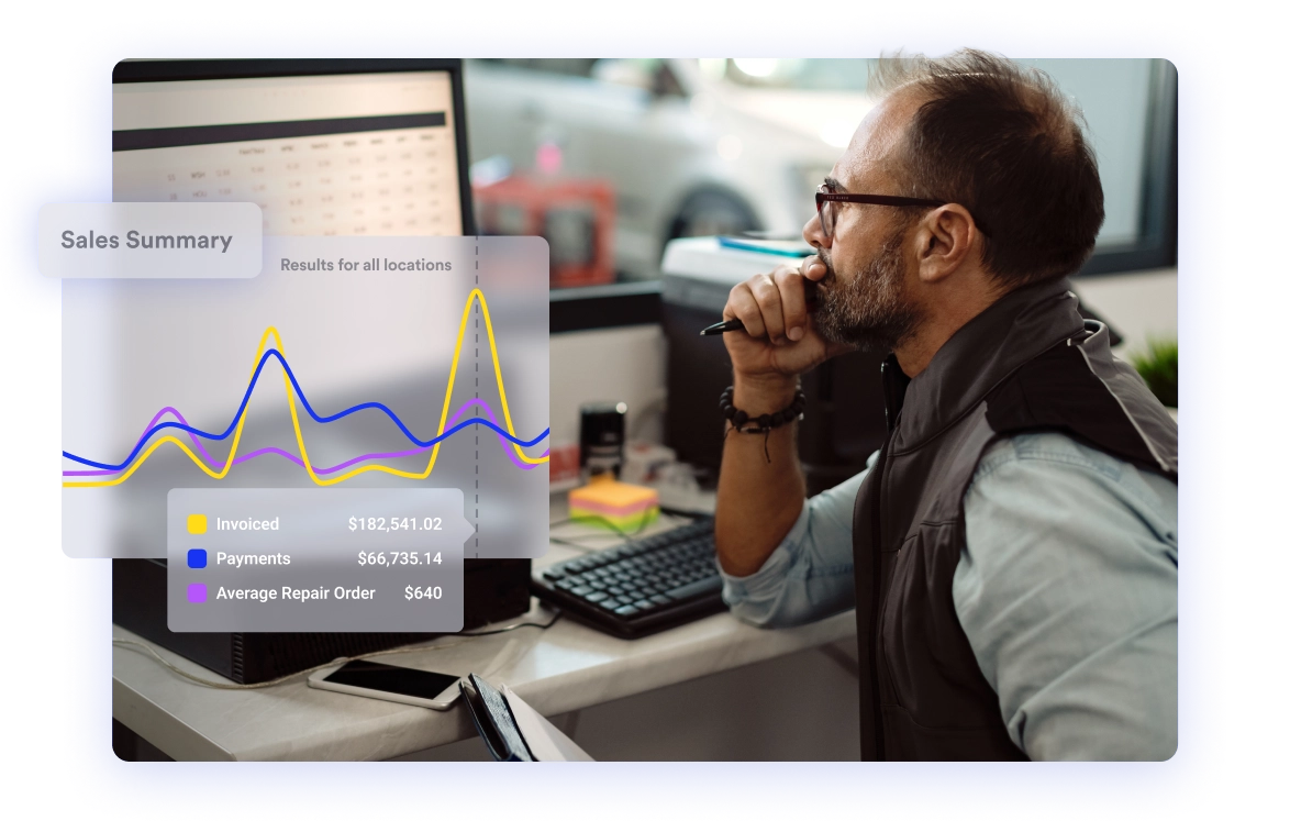 shop owner looking at shopmonkey reports dashboard