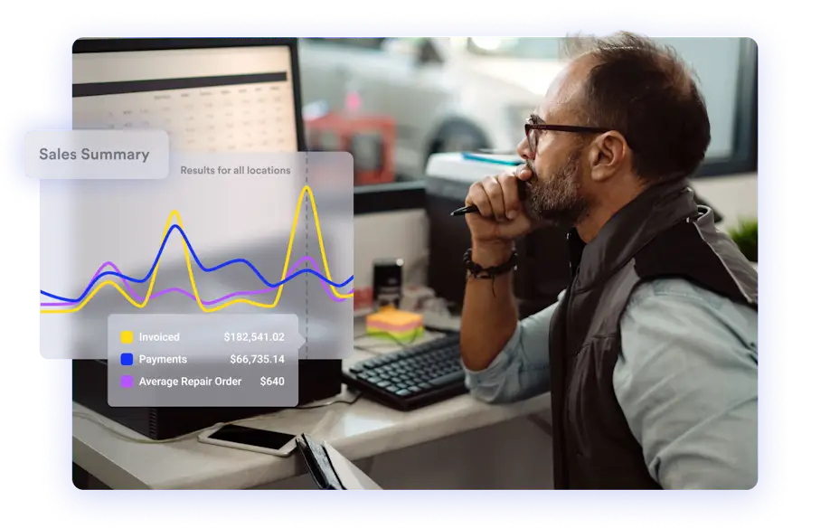 shop owner looking at shopmonkey reports dashboard