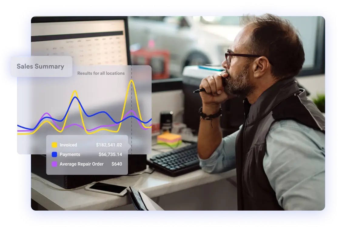 shop owner looking at shopmonkey reports dashboard