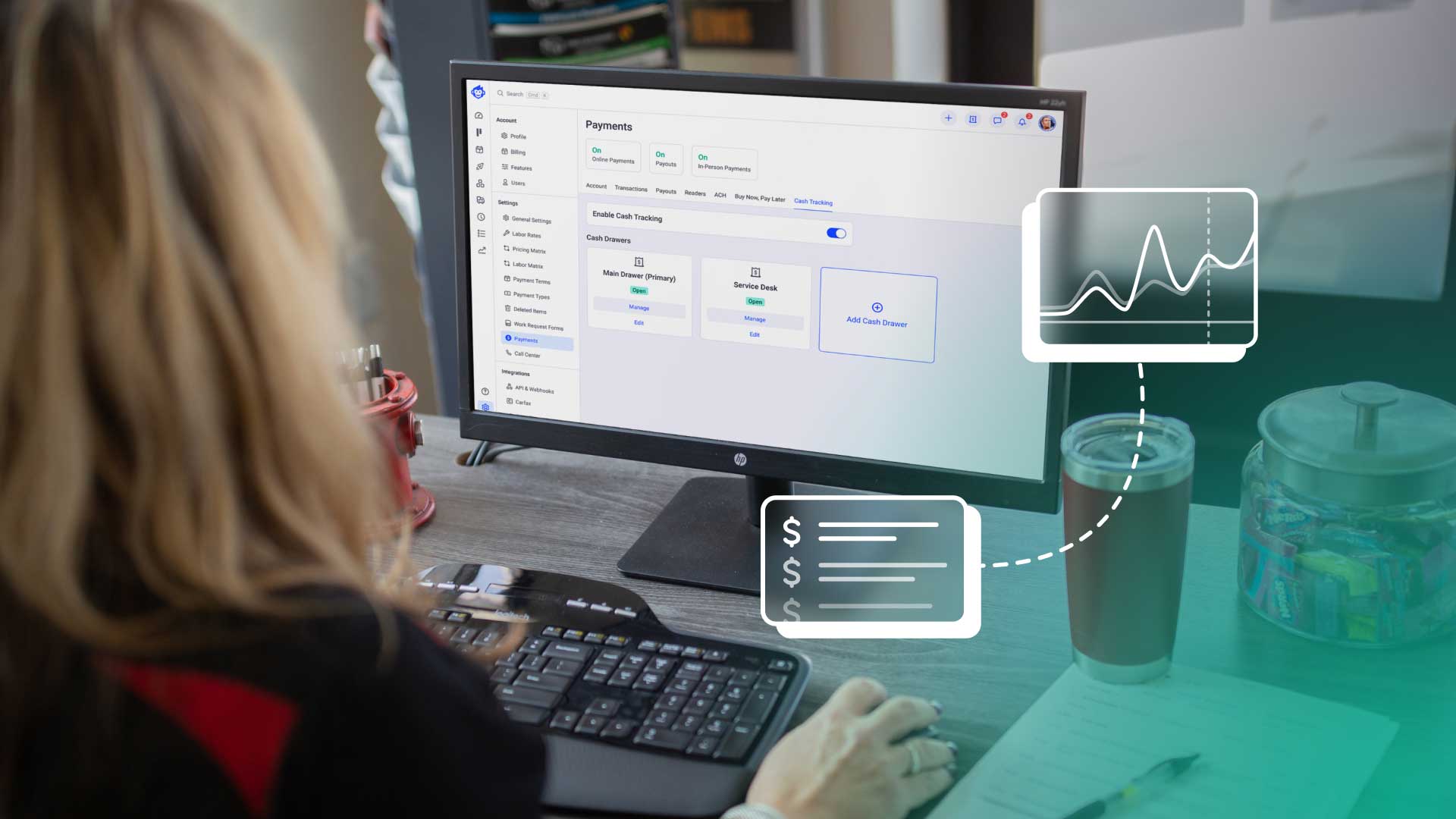 service writer checking the cash drawers