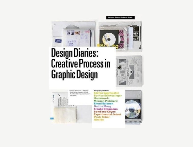 Book cover showing mood board with text, CDs, pieces of paper