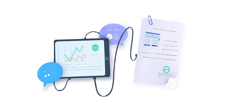 illustration of tablet plugged into paper and speech bubbles