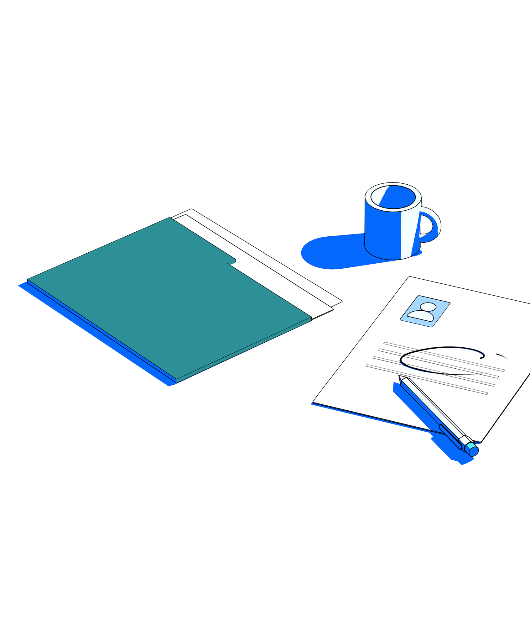 Illustration showing a folder, paper with user profile on it, and a cup