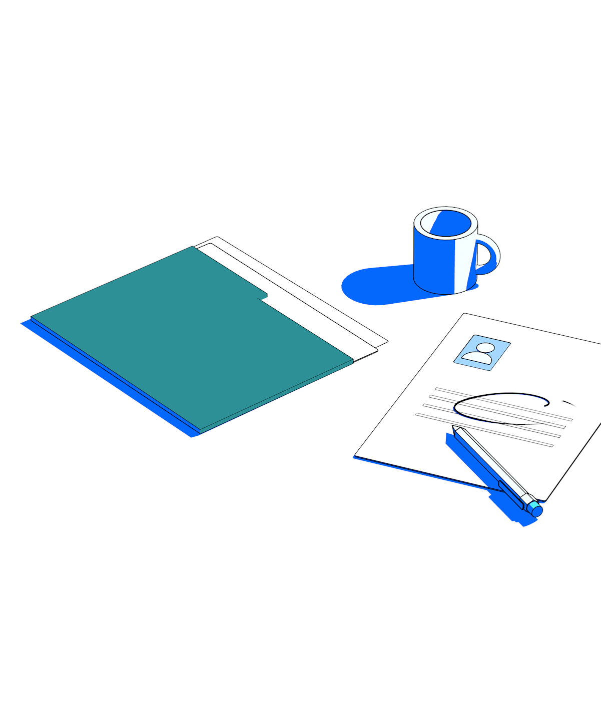 Illustration showing a folder, paper with user profile on it, and a cup