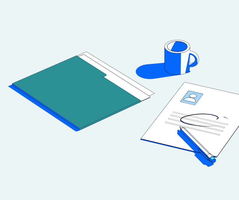 Illustration showing a folder, paper with user profile on it, and a cup