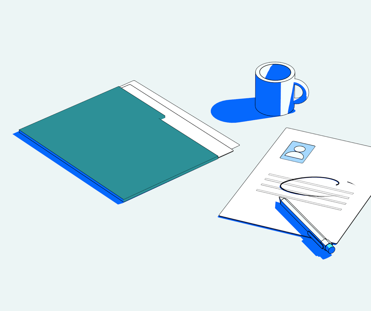 Illustration showing a folder, paper with user profile on it, and a cup