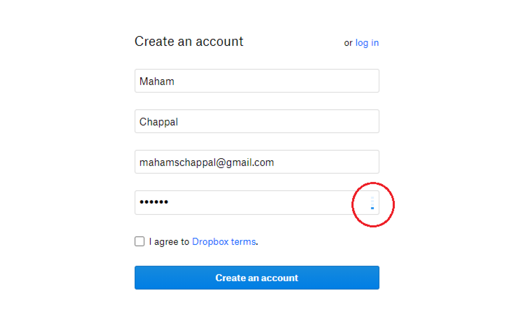 Creating an account on Dropbox