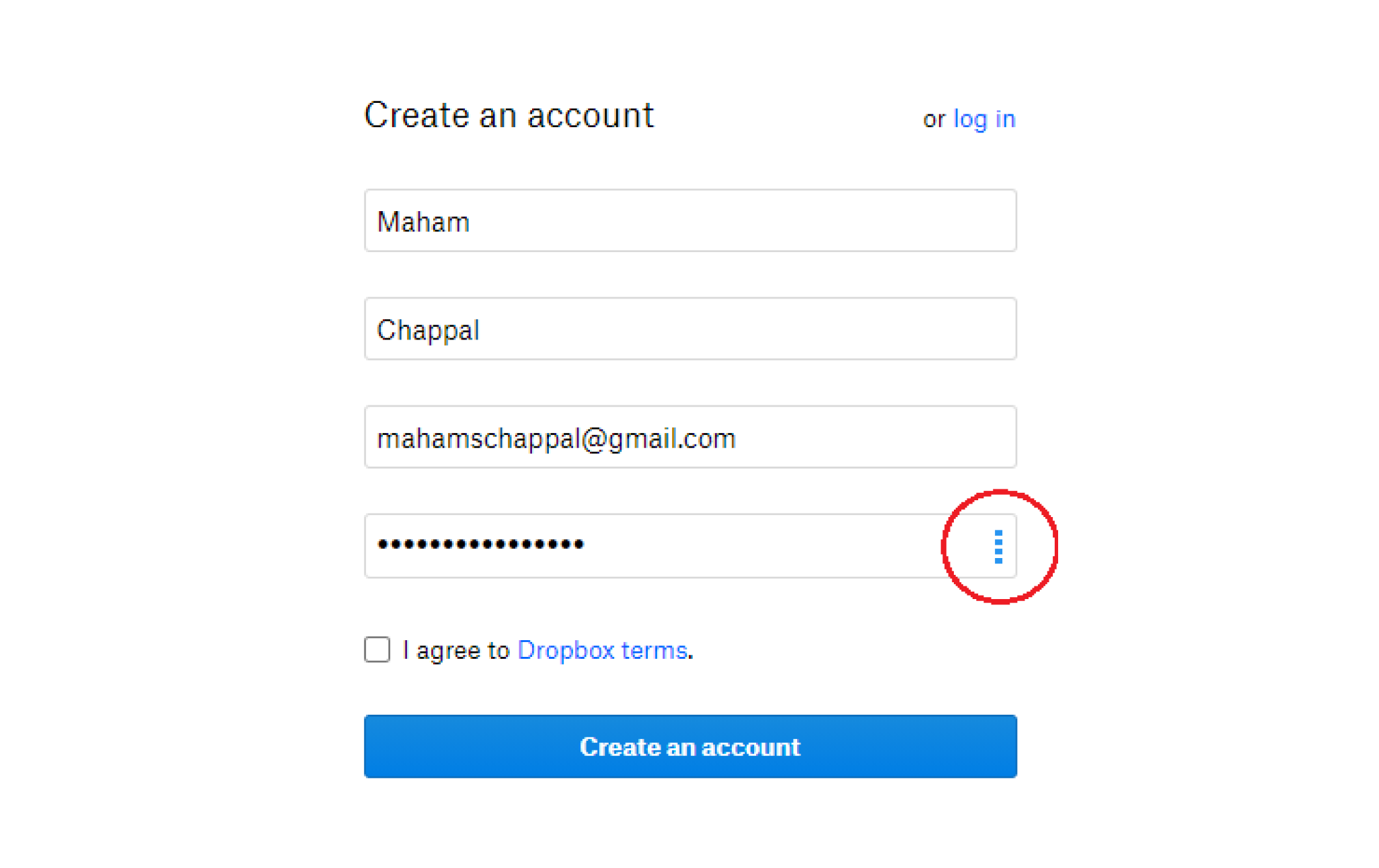 Creating an account on Dropbox