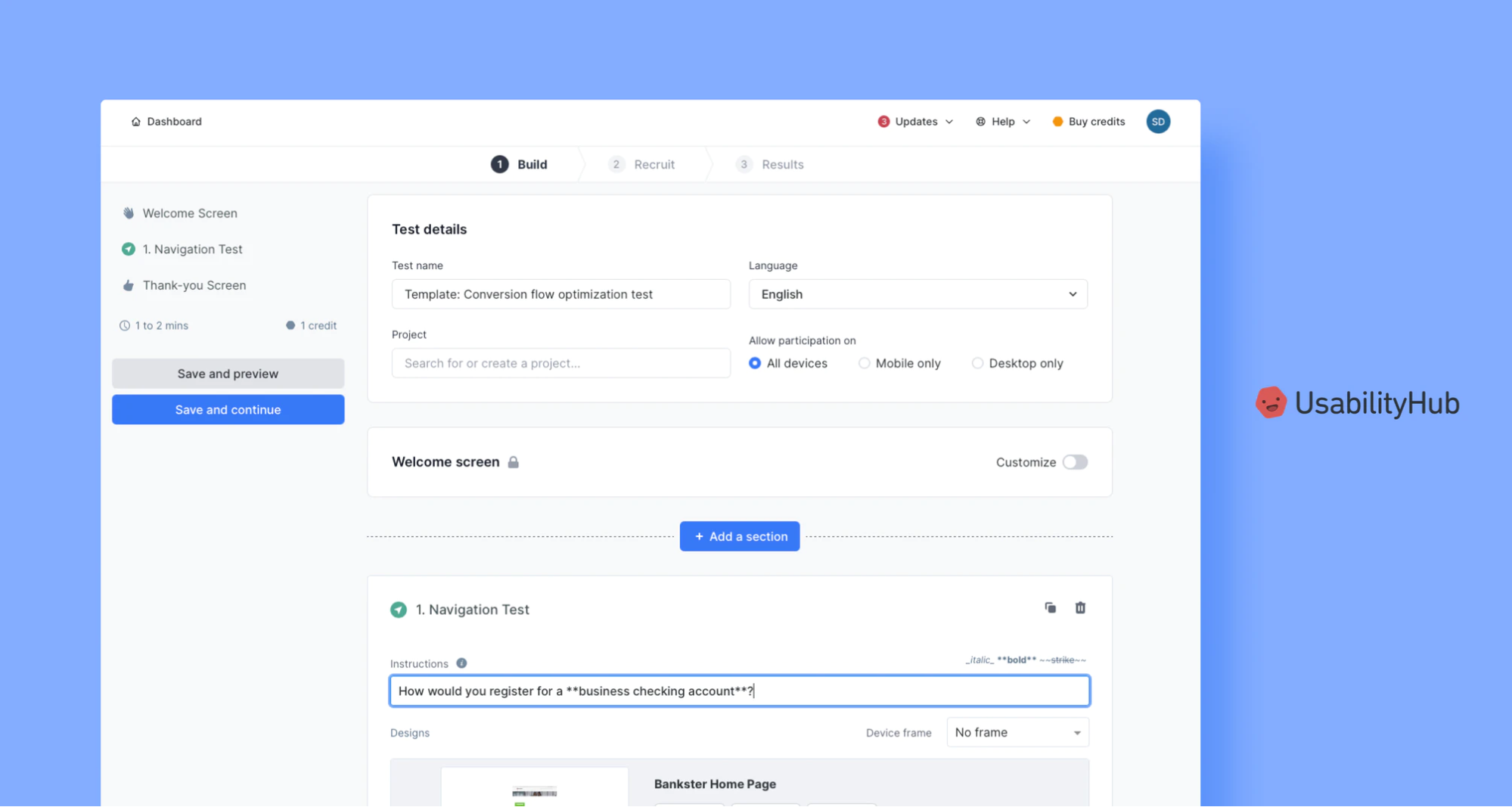 UsabilityHub testing dashboard