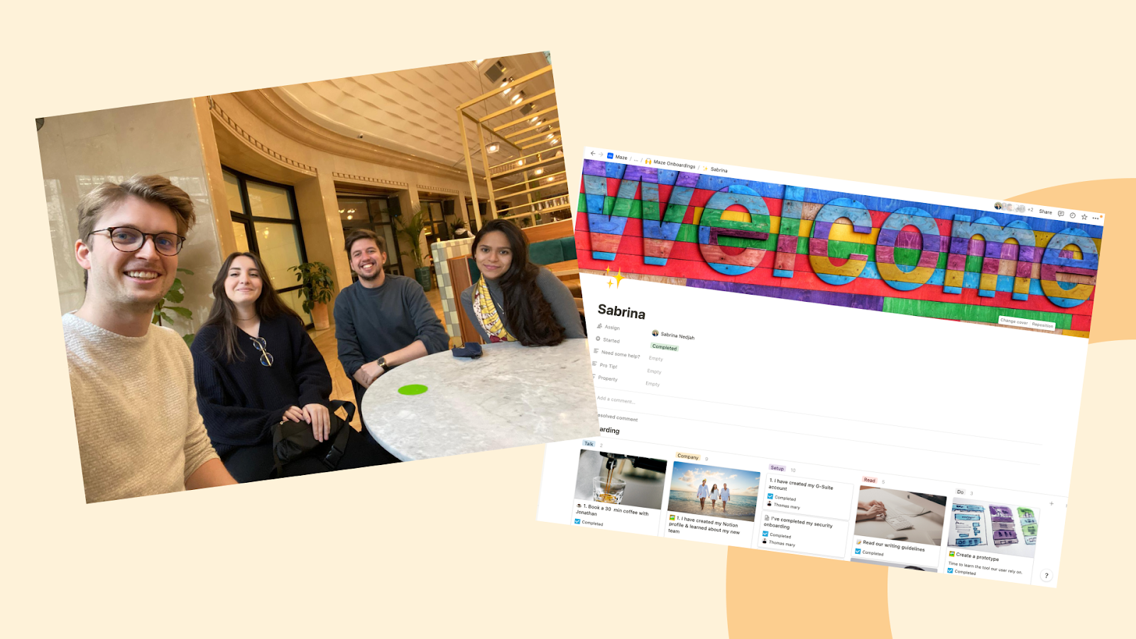 Sabrina and Jo smile at the camera in one image. Another image shows Sabrina's welcome and onboarding page in Notion.
