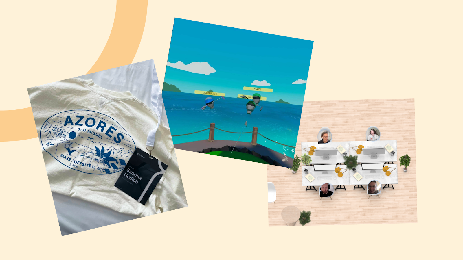 A yellow t-shirt with the words 'Azores - Maze offsite' is beside two collages of A-maze-ings in virtual meeting places.