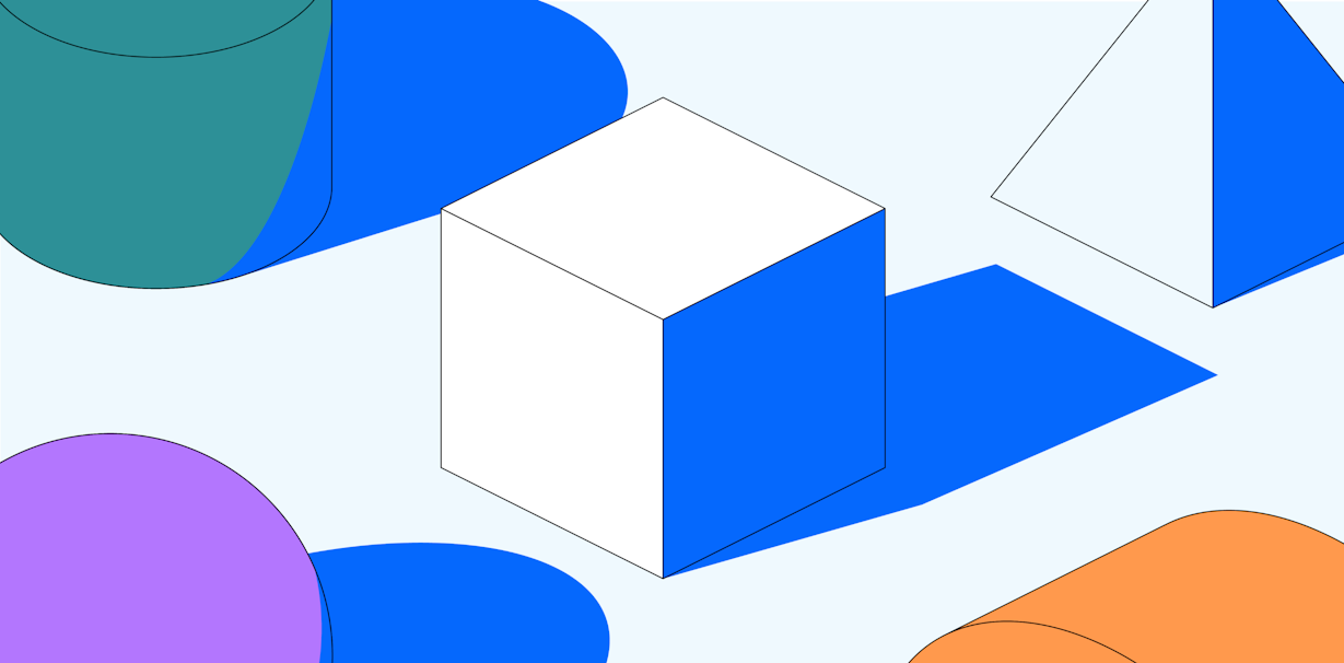 Illustration of block shapes; cube, pyramid, cylinder