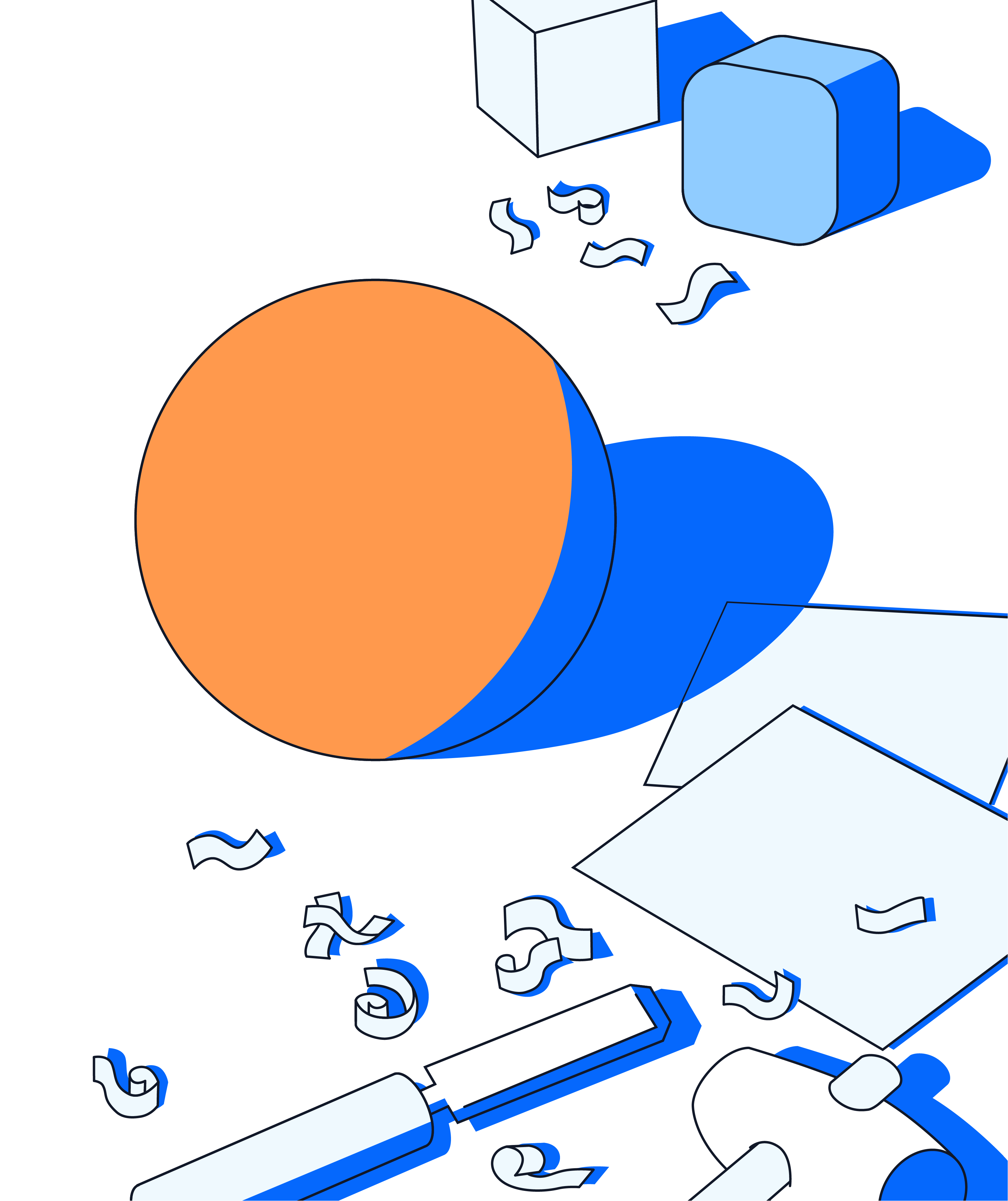 Sketch of an orange ball surrounded by wood clippings, chisel and hammer