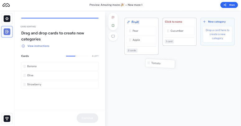 Screenshot of a user dragging cards to new groups in a Maze card sorting preview