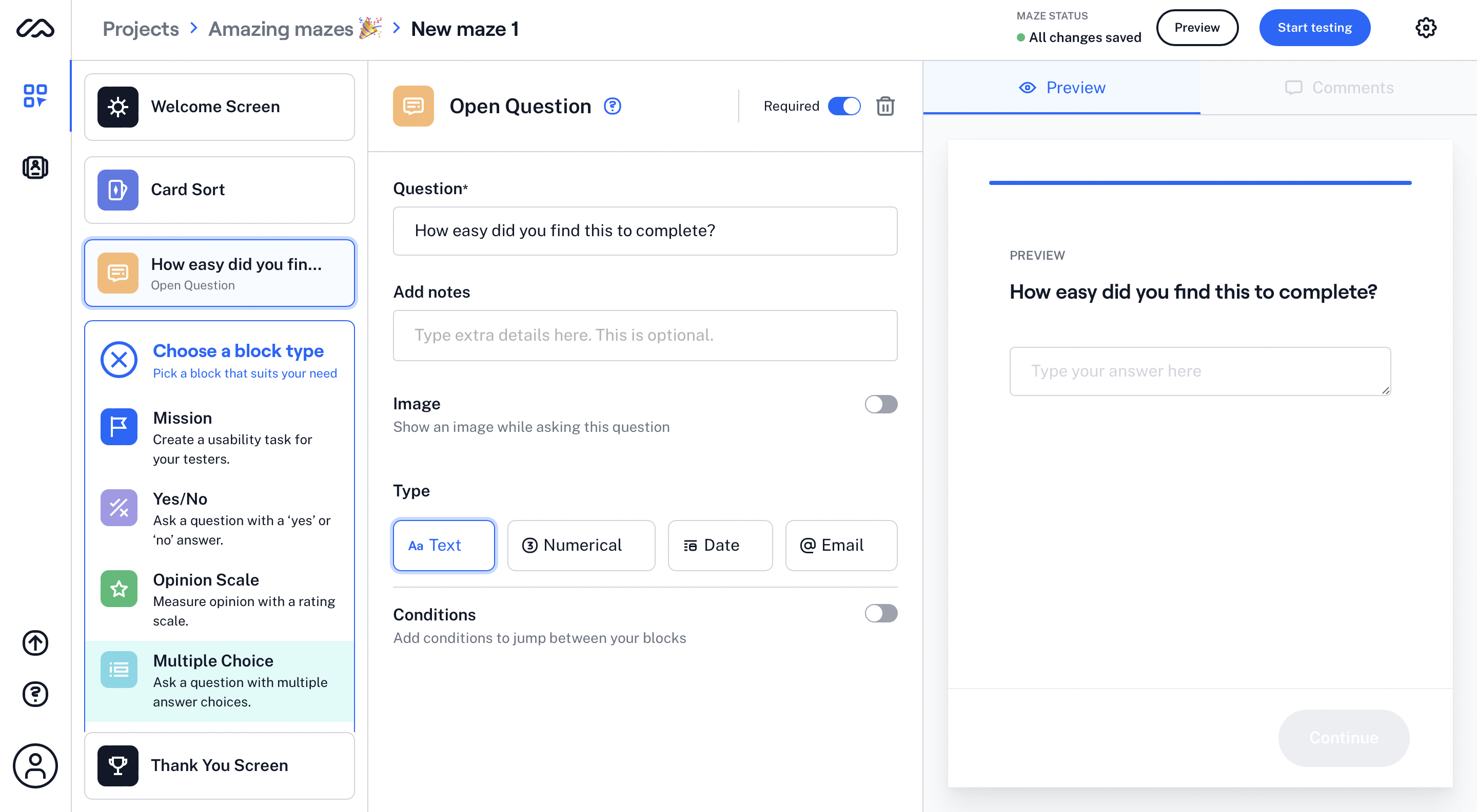 Screenshot showing the Open Question block in Maze